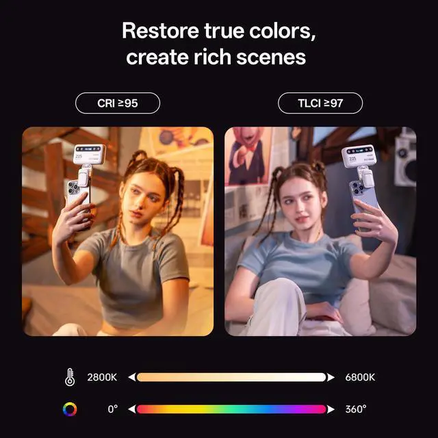 Alt view image 3 of 7 - Z05 RGB Video Light Portable LED Selfie Light with Clip for Phone Camera Laptop Tripod, 2000mAh USB-C CRI97 2800-6800K App Control Dimmable for Photography TikTok YouTube Vlog Live Streaming
