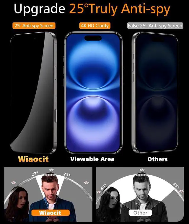 Alt view image 2 of 6 - 3 Pack Tempered Glass Privacy Screen Protector for iPhone 16 with 3 Pack Camera Lens Protector, 9H Hardness, Bubble Free, Case Friendly