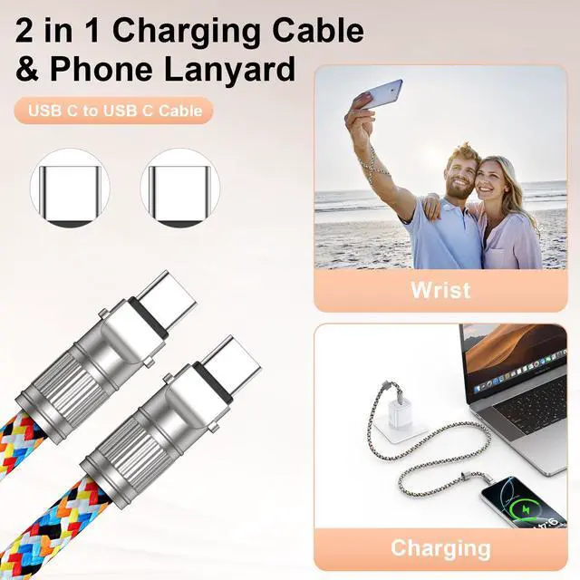 Alt view image 2 of 7 - Phone Lanyard Built-in USB-C to USB-C Fast Charging Cable, 2Pack 65W High Speed Nylon Data Transfer Cord Crossbody Wrist Strap for iPhone 17 16 15,Samsung S25 S24 Ultra/FE,Moto Razr/Edge 2025,Pixel 10