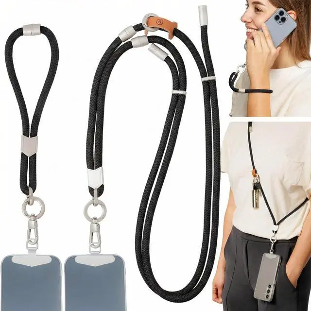 Main image of 2 in 1 Anti Theft Phone Lanyard and Wrist Strap for iPhone and Android, Adjustable Cell Phone Leash and Universal Tether, Hands Free Strap for Travel Running and Everyday Use, Black