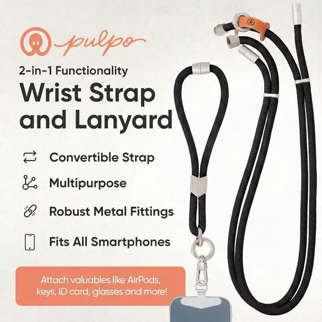 Alt view image 2 of 7 - 2 in 1 Anti Theft Phone Lanyard and Wrist Strap for iPhone and Android, Adjustable Cell Phone Leash and Universal Tether, Hands Free Strap for Travel Running and Everyday Use, Black