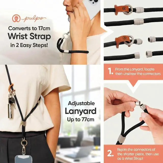 Alt view image 4 of 7 - 2 in 1 Anti Theft Phone Lanyard and Wrist Strap for iPhone and Android, Adjustable Cell Phone Leash and Universal Tether, Hands Free Strap for Travel Running and Everyday Use, Black
