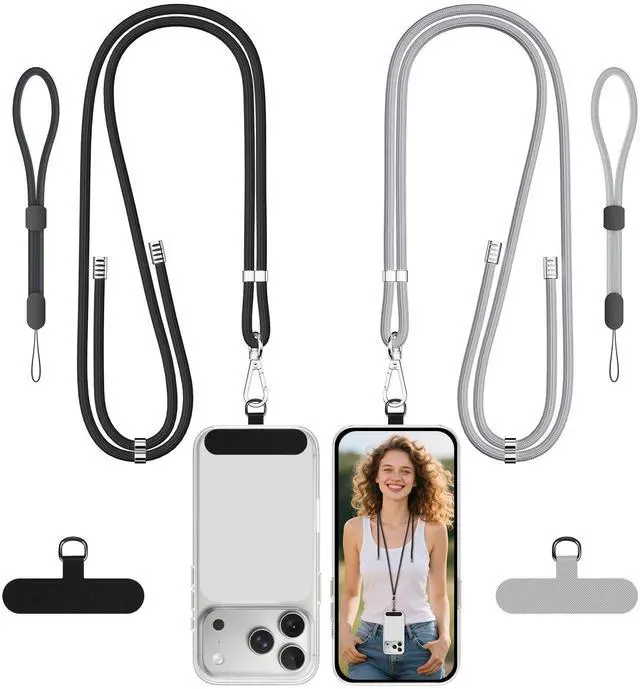Main image of Phone Lanyard, 2 Pack Crossbody Wrist Nylon Cell Phone Lanyard Around The Neck Anti-Drop Strap with 2 Tether Pads Compatible with iPhone and Most Smartphones - Black Grey