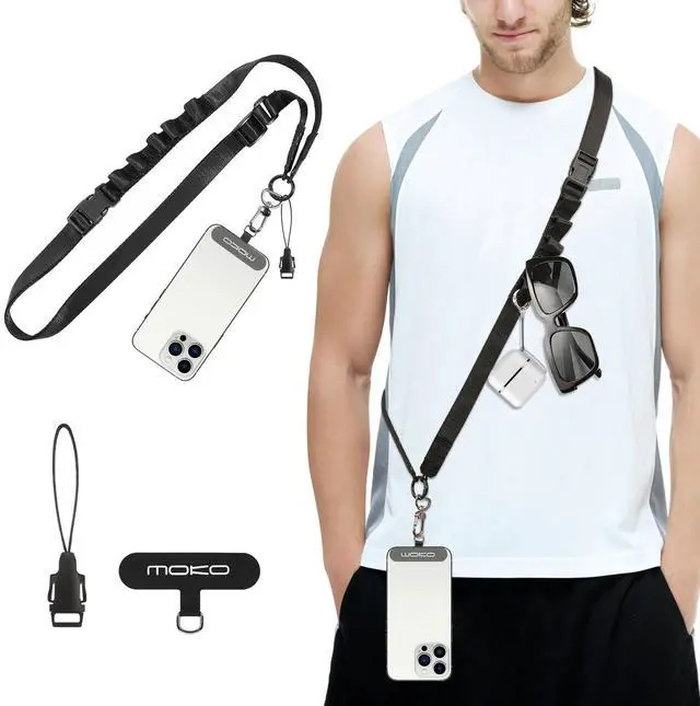 Main image of Universal Phone Lanyard, Nylon Adjustable Cell Phone Crossbody Strap Detachable Women & Men Cellphone Lanyards Around the Neck with Patches for iPhone, Most Smartphones, Black