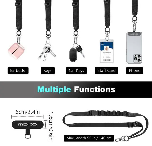 Alt view image 6 of 7 - Universal Phone Lanyard, Nylon Adjustable Cell Phone Crossbody Strap Detachable Women & Men Cellphone Lanyards Around the Neck with Patches for iPhone, Most Smartphones, Black