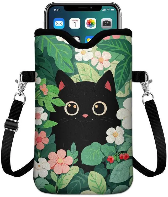 Main image of Neoprene Cell Phone Sleeve Pouch Case Bag with Crossbody Strap Neck Lanyard for Women Men 7.6 X 4.3 Inches-Black Cat Floral Shockproof Universal Phone Bag
