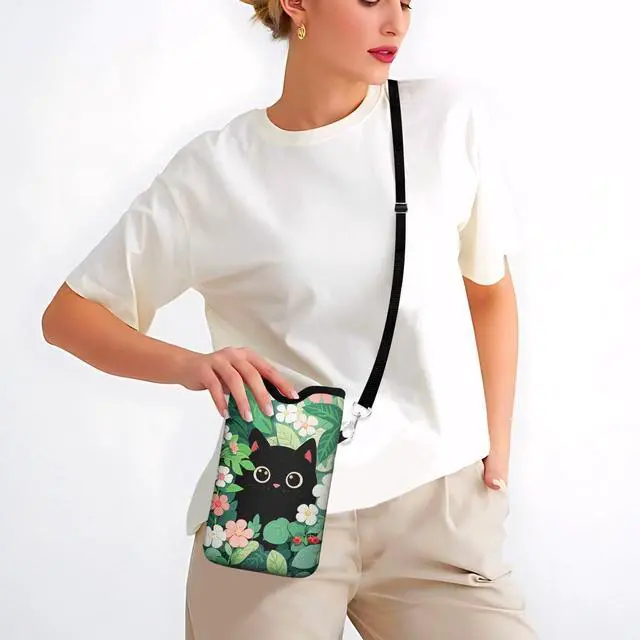 Alt view image 3 of 6 - Neoprene Cell Phone Sleeve Pouch Case Bag with Crossbody Strap Neck Lanyard for Women Men 7.6 X 4.3 Inches-Black Cat Floral Shockproof Universal Phone Bag