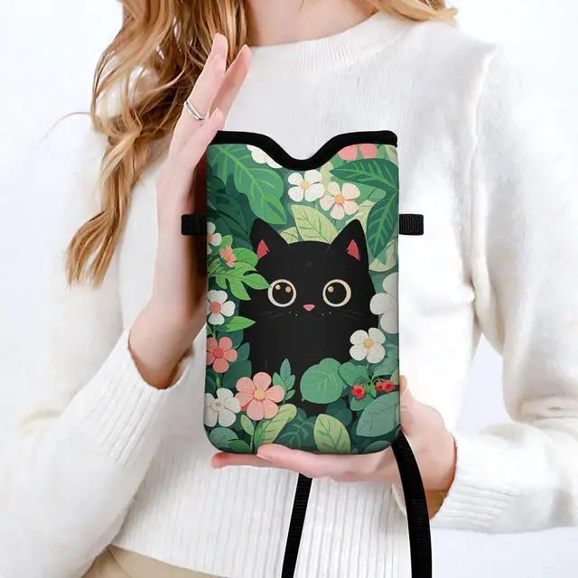 Alt view image 5 of 6 - Neoprene Cell Phone Sleeve Pouch Case Bag with Crossbody Strap Neck Lanyard for Women Men 7.6 X 4.3 Inches-Black Cat Floral Shockproof Universal Phone Bag
