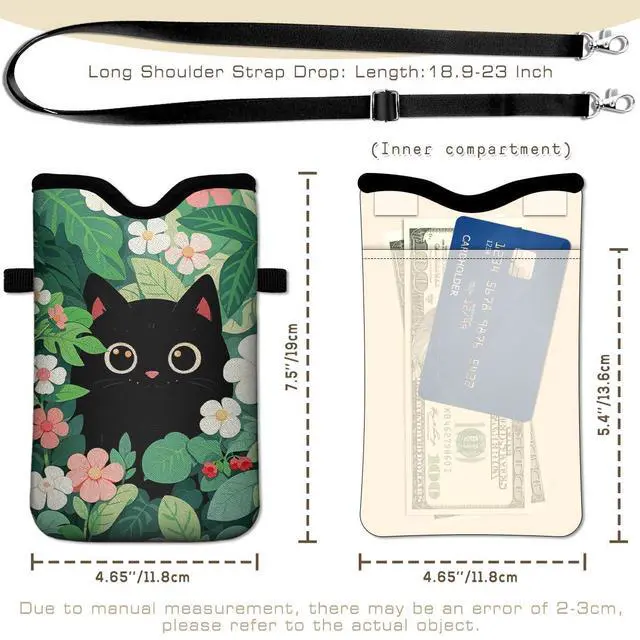 Alt view image 4 of 6 - Neoprene Cell Phone Sleeve Pouch Case Bag with Crossbody Strap Neck Lanyard for Women Men 7.6 X 4.3 Inches-Black Cat Floral Shockproof Universal Phone Bag