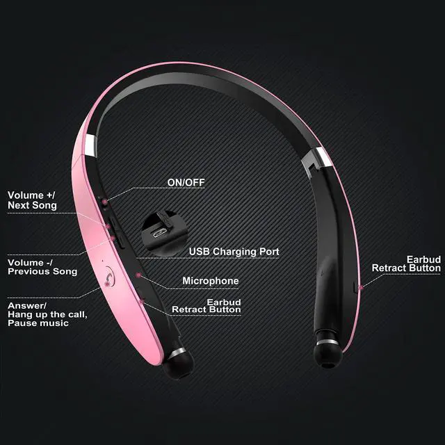 Alt view image 2 of 7 - Foldable Bluetooth Headphones, Wireless Neckband Headset with Retractable Earbuds, Noise Cancelling Stereo Earphones with Carrying Case for Sports & Exercise (Gold)
