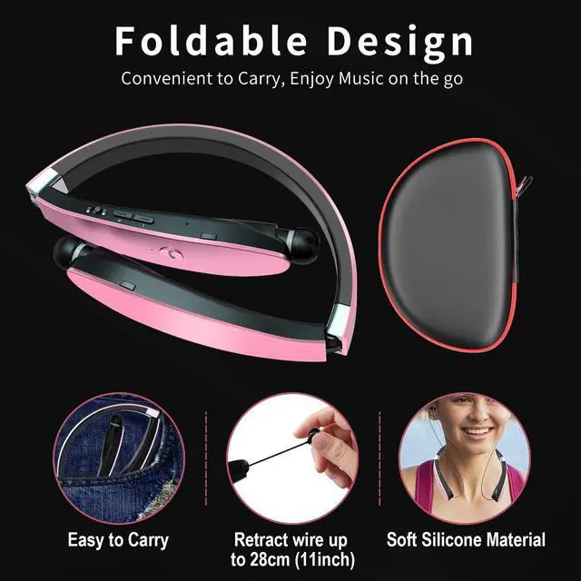 Alt view image 4 of 7 - Foldable Bluetooth Headphones, Wireless Neckband Headset with Retractable Earbuds, Noise Cancelling Stereo Earphones with Carrying Case for Sports & Exercise (Gold)
