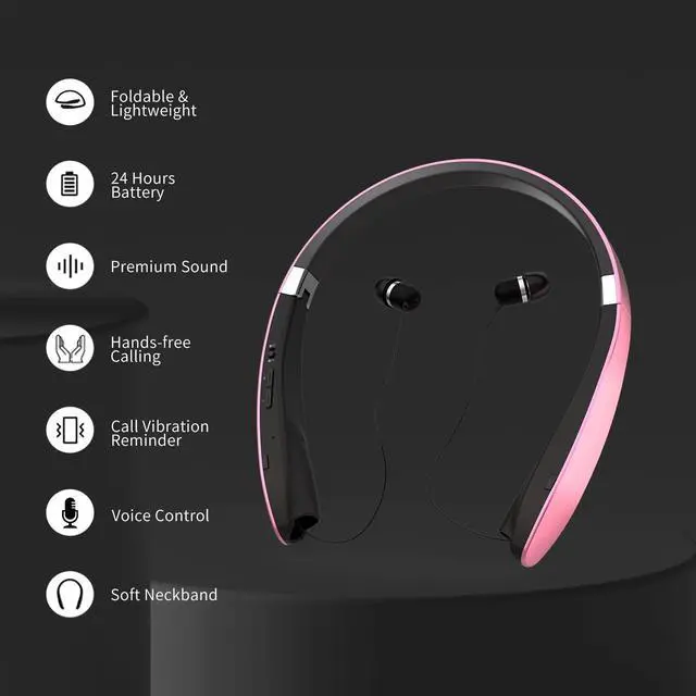 Alt view image 5 of 7 - Foldable Bluetooth Headphones, Wireless Neckband Headset with Retractable Earbuds, Noise Cancelling Stereo Earphones with Carrying Case for Sports & Exercise (Gold)