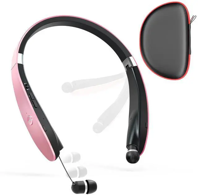 Main image of Foldable Bluetooth Headphones, Wireless Neckband Headset with Retractable Earbuds, Noise Cancelling Stereo Earphones with Carrying Case for Sports & Exercise (Gold)