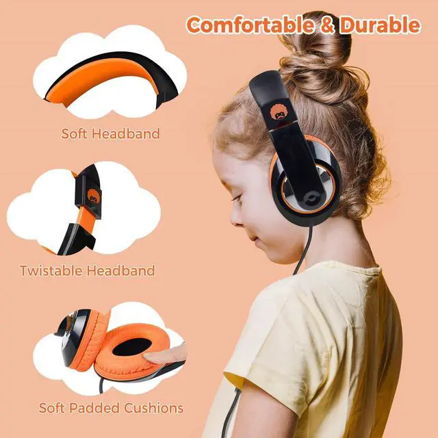 Alt view image 2 of 6 - Kids Headphones with Microphone, Boys Girls Student Over-Ear Headphones Wired Foldable for School Classroom Laptop PC Computer Tablet Black Orange