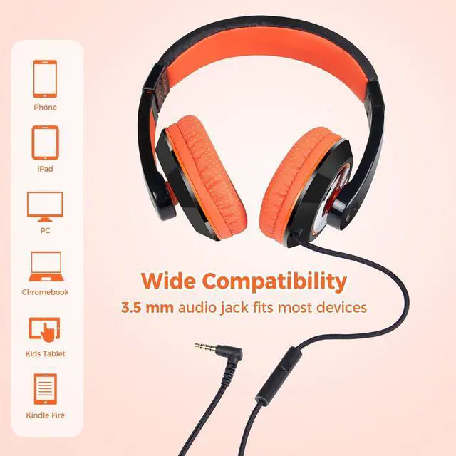 Alt view image 3 of 6 - Kids Headphones with Microphone, Boys Girls Student Over-Ear Headphones Wired Foldable for School Classroom Laptop PC Computer Tablet Black Orange