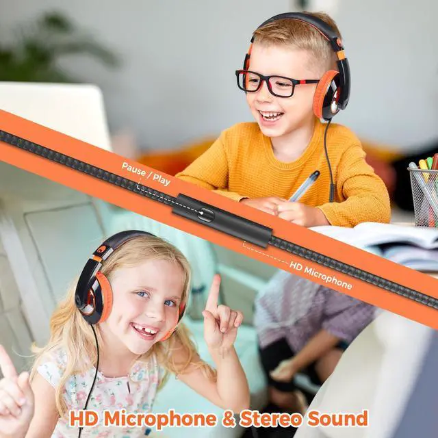 Alt view image 4 of 6 - Kids Headphones with Microphone, Boys Girls Student Over-Ear Headphones Wired Foldable for School Classroom Laptop PC Computer Tablet Black Orange