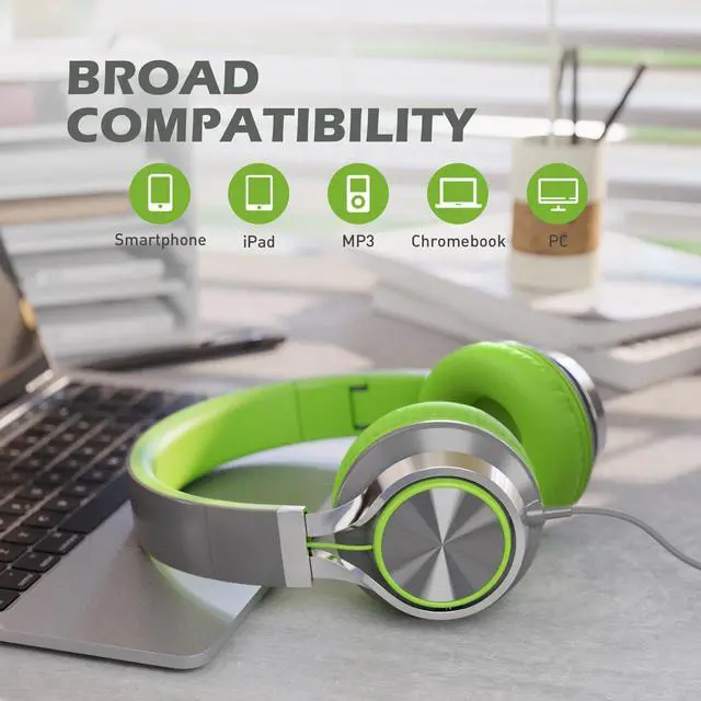 Alt view image 6 of 6 - Headphones Wired, On-Ear Headphones with Microphone and Volume Control, Corded 3.5mm Headset for Boys Girl School Smartphones Chromebook Laptop Computer Tablets Airplane Travel (Grey/Green)