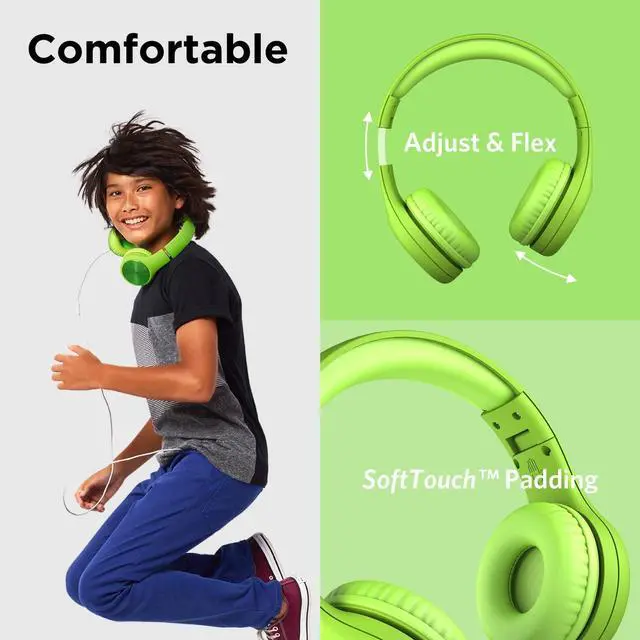 Alt view image 2 of 7 - Pro Wired Kids Headphones for School with Microphone, Volume Limiting Over-Ear Headset with Cord, SharePort Technology & SoftTouch Padding, Green