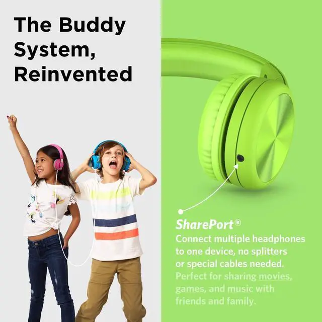 Alt view image 5 of 7 - Pro Wired Kids Headphones for School with Microphone, Volume Limiting Over-Ear Headset with Cord, SharePort Technology & SoftTouch Padding, Green