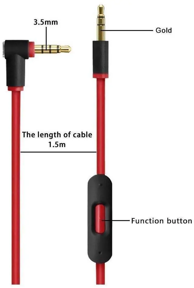 Alt view image 2 of 7 - Replacement Audio Cable Cord Wire with in line Microphone and Control for Beats by Dr Dre Headphones Solo Studio Pro Detox Wireless Mixr Executive Pill (Black Red)