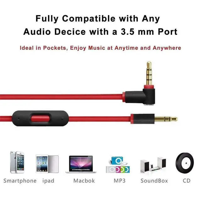 Alt view image 6 of 7 - Replacement Audio Cable Cord Wire with in line Microphone and Control for Beats by Dr Dre Headphones Solo Studio Pro Detox Wireless Mixr Executive Pill (Black Red)
