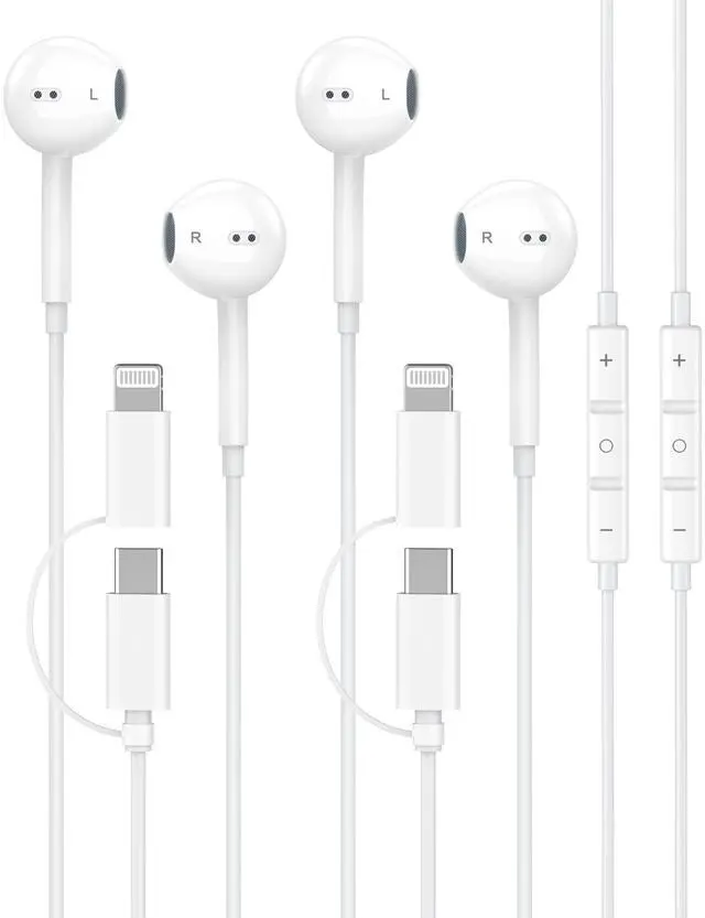 Main image of Upgraded iPhone Headphones Wired, 2 Pack 2-in-1 Lightning/USB C Wired Earbuds Headphones with Built-in Remote to Control Music, Phone Calls, and Volume for iPhone 17 16 15 14 13 12, True Plug and Play