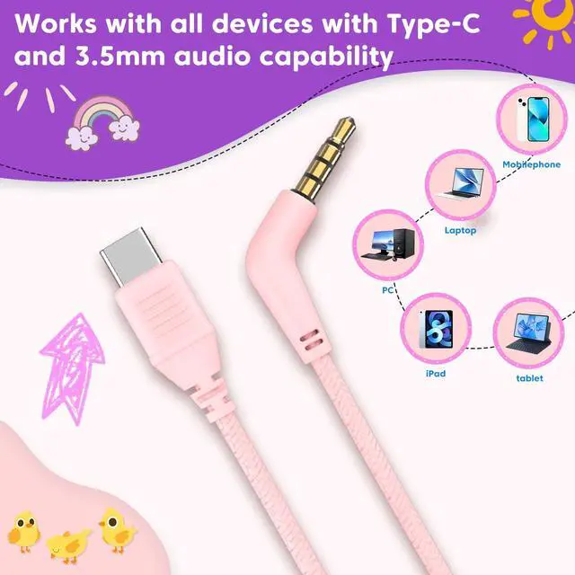 Alt view image 2 of 7 - Kids Headphones with 3.5mm & USB C Headphones Kids for School, Over-Ear for Boys Girls, Foldable Headphone Built-in Mic, Safe Volume for iPad/Travel/Tablets/Classroom, Back to School gift(Pink)