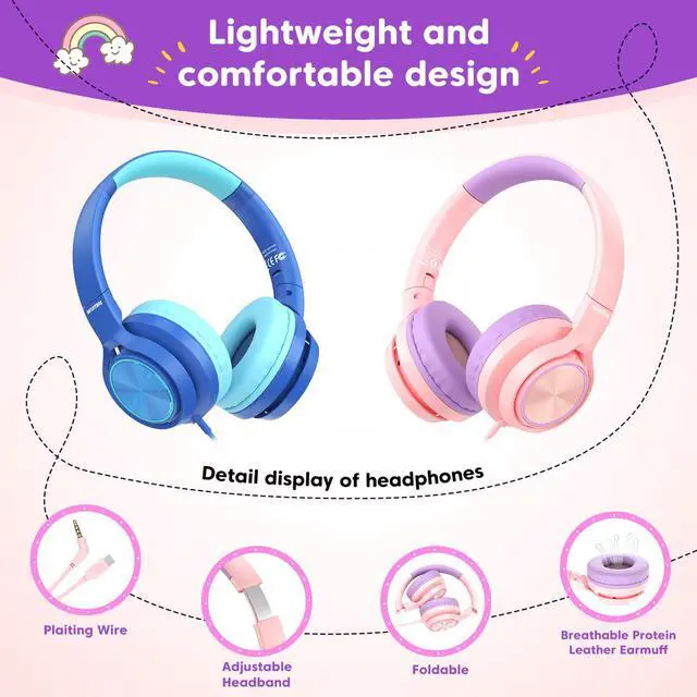Alt view image 5 of 7 - Kids Headphones with 3.5mm & USB C Headphones Kids for School, Over-Ear for Boys Girls, Foldable Headphone Built-in Mic, Safe Volume for iPad/Travel/Tablets/Classroom, Back to School gift(Pink)