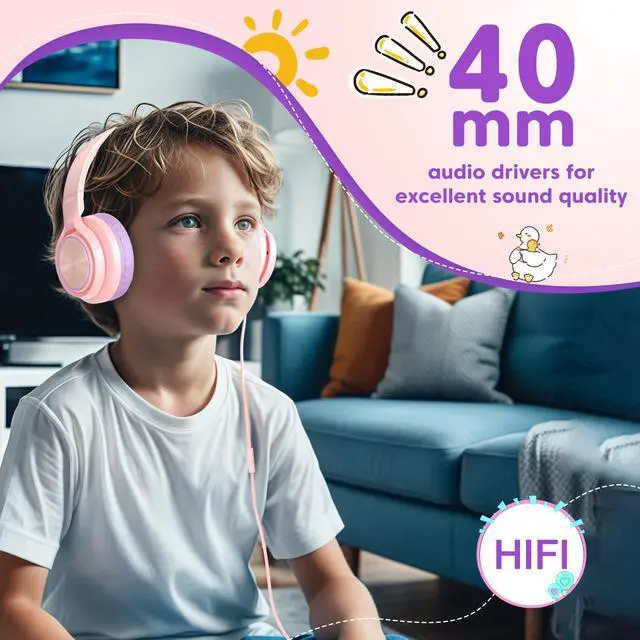 Alt view image 6 of 7 - Kids Headphones with 3.5mm & USB C Headphones Kids for School, Over-Ear for Boys Girls, Foldable Headphone Built-in Mic, Safe Volume for iPad/Travel/Tablets/Classroom, Back to School gift(Pink)