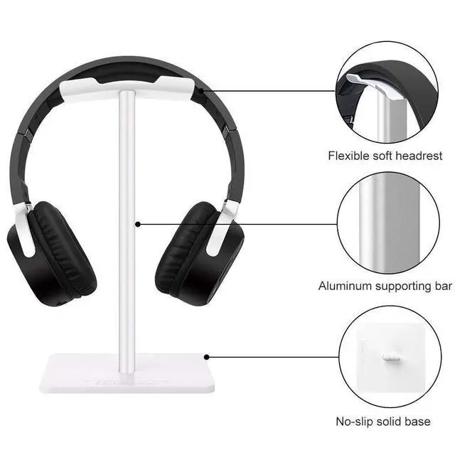 Alt view image 2 of 7 - Headphone Stand Headset Holder Gaming Headset Holder with Aluminum Supporting Bar Flexible Headrest Anti-Slip Earphone Stand for All Headphones, White