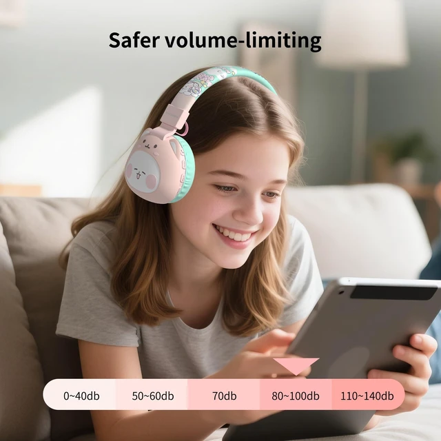 Alt view image 2 of 7 - Kids Headphones for School, 85dB Safe Cute Animal Design, Foldable Over-Ear Soft with Mic, Bluetooth 5.4, 20H Playtime, Wireless/Wired/FM/TF for School Travel Camping, Boys Girls Toddlers Gift