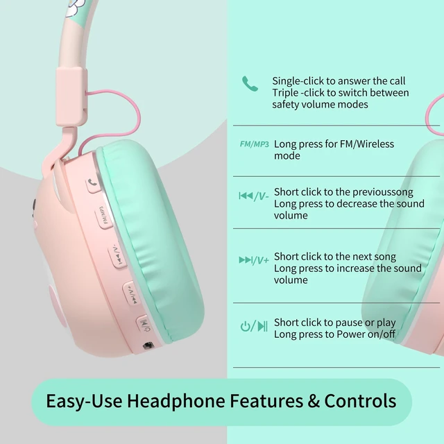 Alt view image 6 of 7 - Kids Headphones for School, 85dB Safe Cute Animal Design, Foldable Over-Ear Soft with Mic, Bluetooth 5.4, 20H Playtime, Wireless/Wired/FM/TF for School Travel Camping, Boys Girls Toddlers Gift