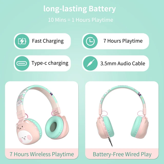 Alt view image 5 of 7 - Kids Headphones for School, 85dB Safe Cute Animal Design, Foldable Over-Ear Soft with Mic, Bluetooth 5.4, 20H Playtime, Wireless/Wired/FM/TF for School Travel Camping, Boys Girls Toddlers Gift