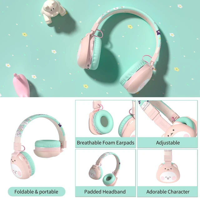 Alt view image 7 of 7 - Kids Headphones for School, 85dB Safe Cute Animal Design, Foldable Over-Ear Soft with Mic, Bluetooth 5.4, 20H Playtime, Wireless/Wired/FM/TF for School Travel Camping, Boys Girls Toddlers Gift