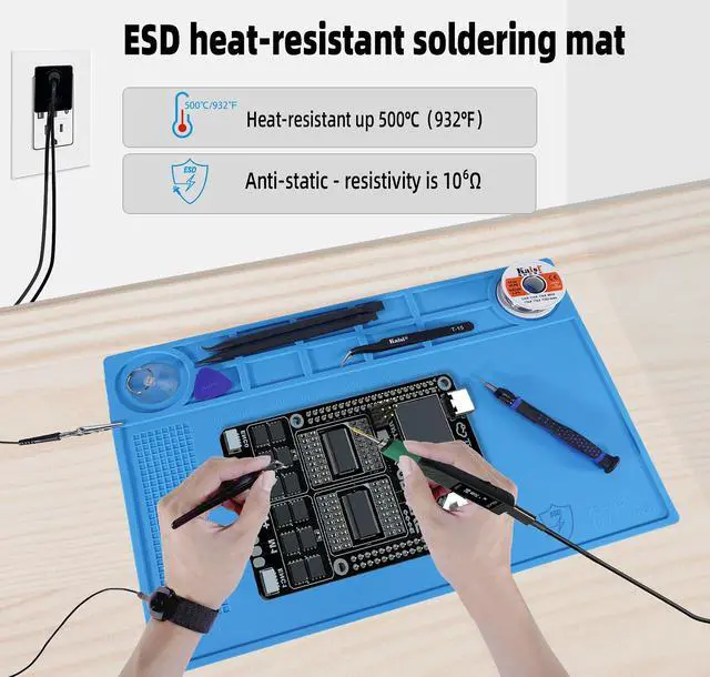 Alt view image 4 of 7 - Static Mat with ESD Wrist Strap and Grounding kit, Silicone Soldering Repair Work Mat 932°F Heat Resistant ESD Safe pad for Electronic, Phone, iPhone, iPad, iMac, Laptop, Computer, Watch