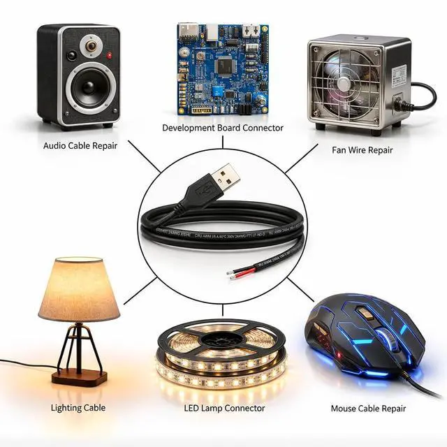 Alt view image 2 of 7 - USB Pigtail Cable USB Power Cable Wire with Wire Connectors,1.64ft 24AWG 2A 5V,DIY Repair Kit,Bare Wire Open End,Pure Copper,Black,2-Pack