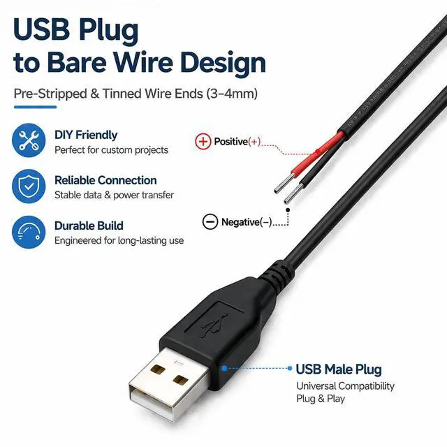 Alt view image 3 of 7 - USB Pigtail Cable USB Power Cable Wire with Wire Connectors,1.64ft 24AWG 2A 5V,DIY Repair Kit,Bare Wire Open End,Pure Copper,Black,2-Pack