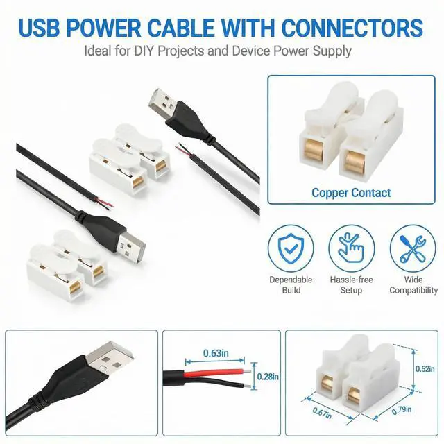 Alt view image 4 of 7 - USB Pigtail Cable USB Power Cable Wire with Wire Connectors,1.64ft 24AWG 2A 5V,DIY Repair Kit,Bare Wire Open End,Pure Copper,Black,2-Pack