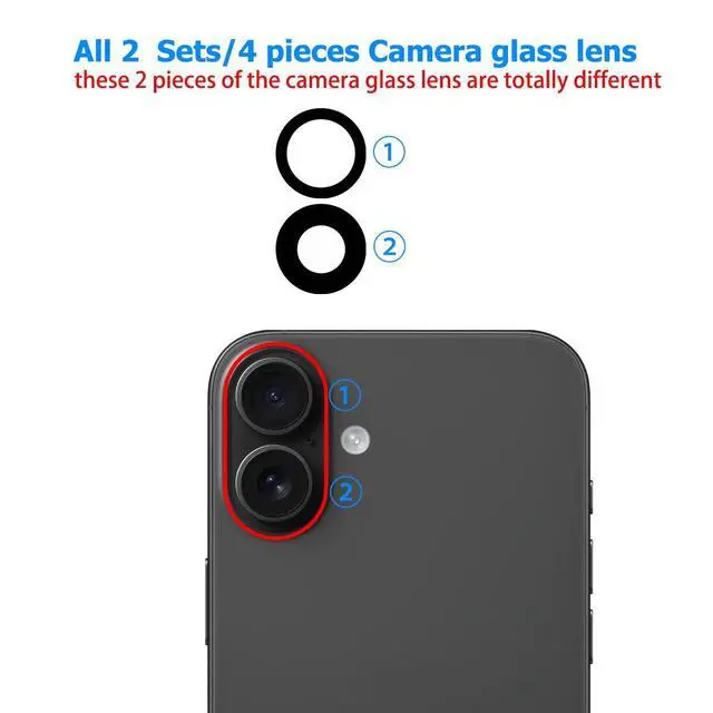 Alt view image 3 of 7 - 2 Packs Rear Camera Lens Glass Replacement Kits for iPhone 16 & 16 Plus Pre-Installed Adhesive with Installation Manual and Repair Tools