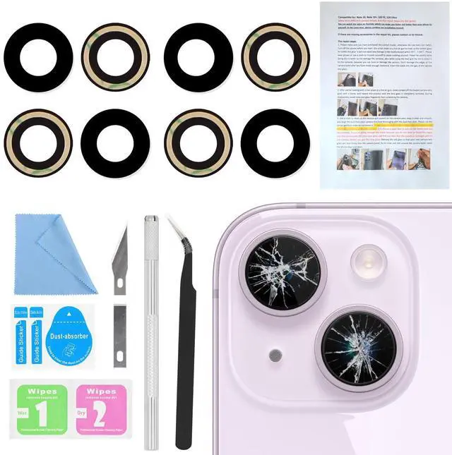 Main image of 2PCS Back Rear Camera Lens Glass Replacement for iPhone 14 and 14 Plus Camera Glass Lens Replacement with Pre-Installed Adhesive + Repair Tool Kit + Installation Manual