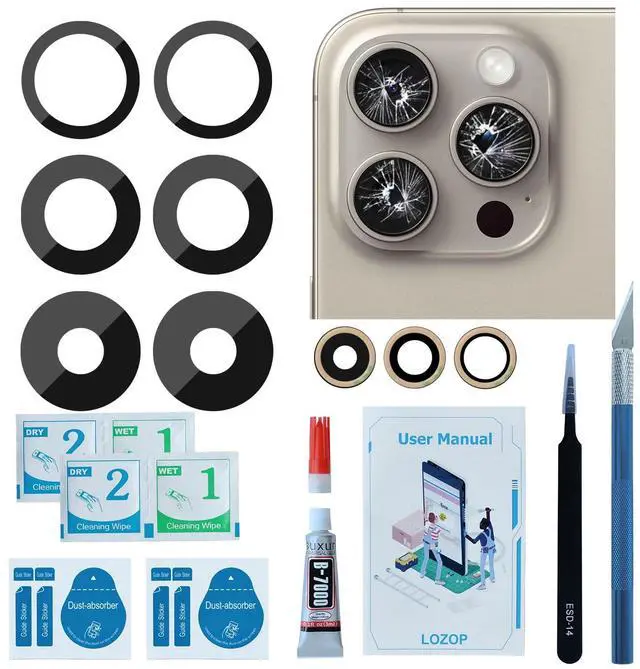 Main image of 2 Sets Rear Camera Glass Replacement with Adhesive Pre-Installed, Repair Tools and Installation Manual Compatible with iPhone 15 Pro