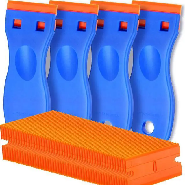 Main image of 4 Pcs Plastic Razor Blade Scraper and 100 Pcs Blades, Remove Label Decal Tool Forwithout Scratches Plastic Razor Blade Scraper, Adhesive Remover for Stickers, Gaskets and Paints on Window Car Glass