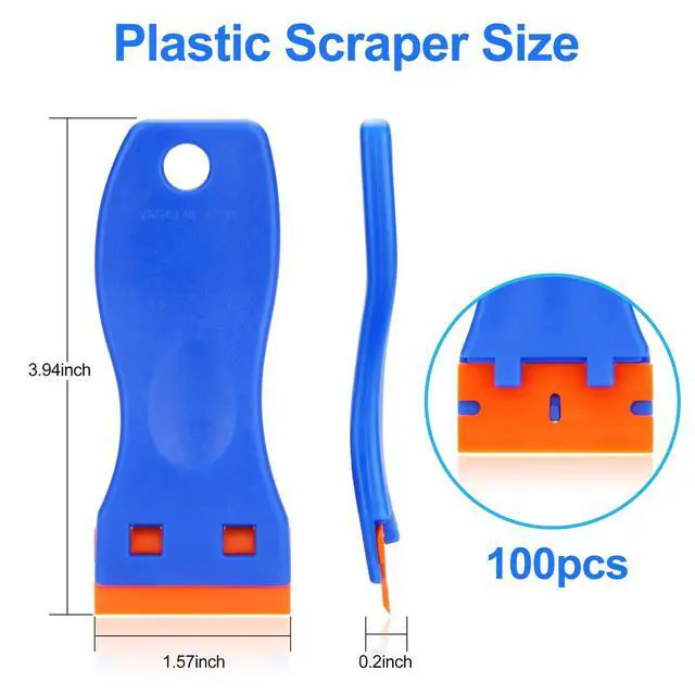 Alt view image 2 of 7 - 4 Pcs Plastic Razor Blade Scraper and 100 Pcs Blades, Remove Label Decal Tool Forwithout Scratches Plastic Razor Blade Scraper, Adhesive Remover for Stickers, Gaskets and Paints on Window Car Glass