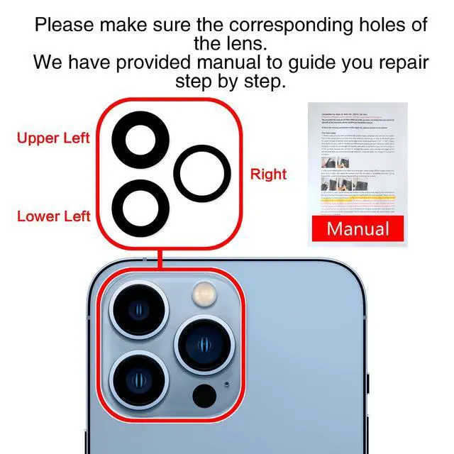Alt view image 6 of 7 - Back Camera Lens Glass Replacement for iPhone 13 Pro and 13 Pro Max, Rear Lens Glass Replacement kit with Pre-Installed Adhesive + Installation Manual + Repair Tool Kit