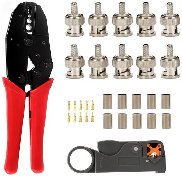 Main image of RG58 Plug Crimp Connector and Striping Crimp Tool for RG58/RG59/RG6 10 Pack Red