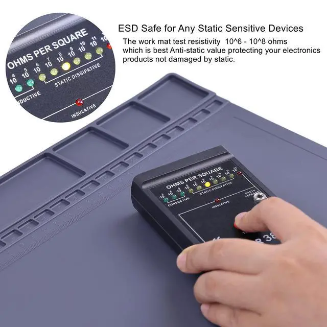 Alt view image 2 of 7 - Anti-Static Mat ESD Safe for Electronic Includes ESD Wristband and Grounding Wire, HPFIX Silicone Soldering Repair Mat 932°F Heat Resistant for iPhone iPad iMac, Laptop, Computer, 15.9 x 12 Grey