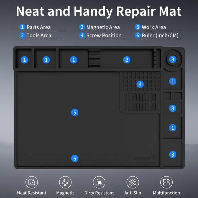 Alt view image 5 of 7 - Soldering Mat Silicone Work Mat, Heat Resistant 932°F, Magnetic Mat for Screws and Tools, Solder Mat Electronics Mat for Watch, Phone, Tablet, Eyeglass, Knife, Size 13.8" x 9.9" (Black)