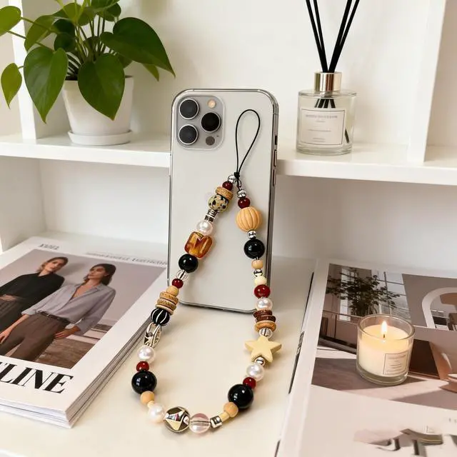 Alt view image 2 of 7 - 2 Pcs Phone Charm Strap Universal Hand Phone Wrist Strap Camera Lanyard Pearl Beaded Cute Chain String Accessories Universal for iPhone 17 16 Pro Max Samsung Women Girls Keychain Brown and White Star