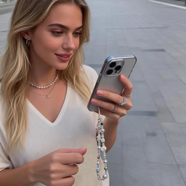 Alt view image 6 of 7 - 2 Pcs Phone Charm Strap Universal Hand Phone Wrist Strap Camera Lanyard Pearl Beaded Cute Chain String Accessories Universal for iPhone 17 16 Pro Max Samsung Women Girls Keychain Brown and White Star