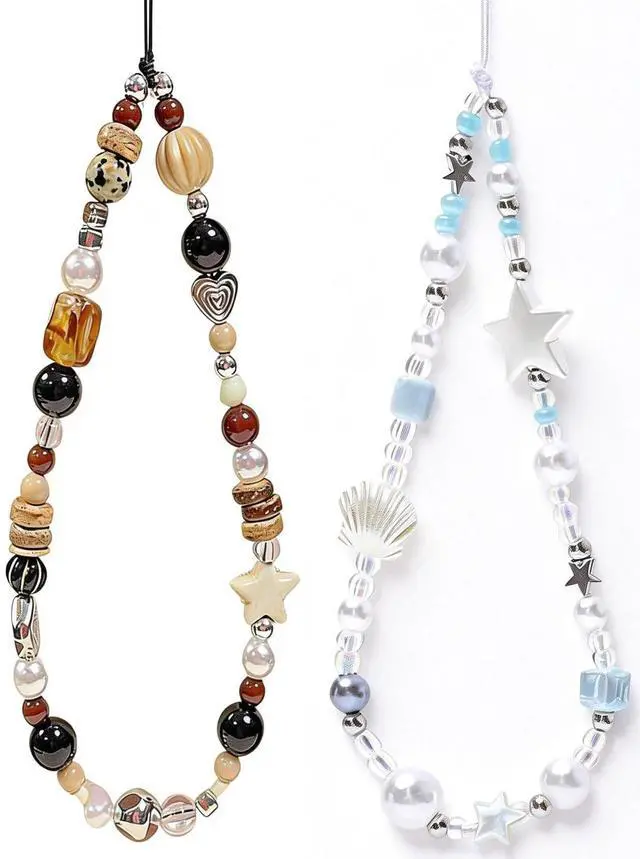 Main image of 2 Pcs Phone Charm Strap Universal Hand Phone Wrist Strap Camera Lanyard Pearl Beaded Cute Chain String Accessories Universal for iPhone 17 16 Pro Max Samsung Women Girls Keychain Brown and White Star